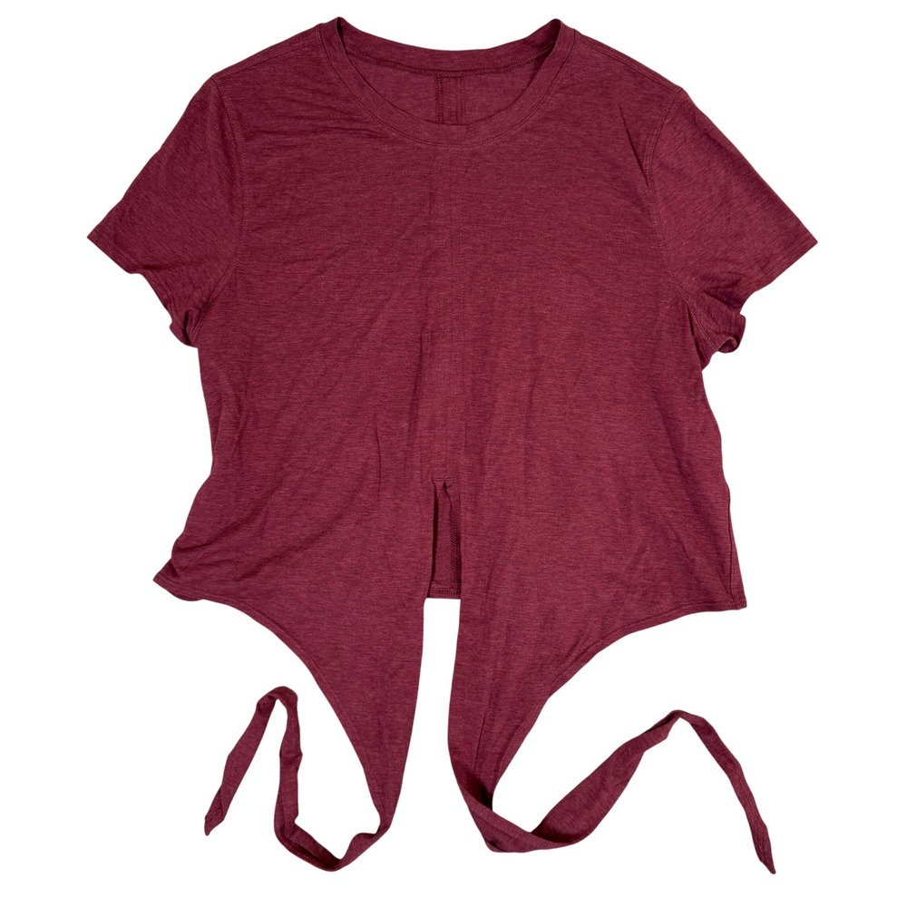 Burgundy Heathered Tie Front Short Sleeve Crop Top Crew Neck T-Shirt READ